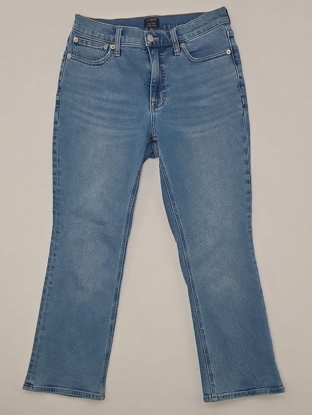 J. Crew Mid-Rise Flare Crop Jeans — Medium Blue Wash